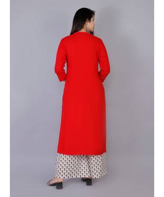 Women red Rayon Solid Kurta with Printed Cotton Plazoo Set 3