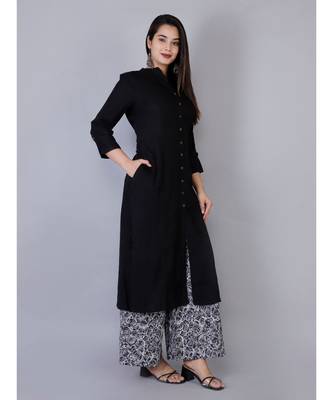 Women black Rayon Solid Kurta with Printed Cotton Plazoo Set 1