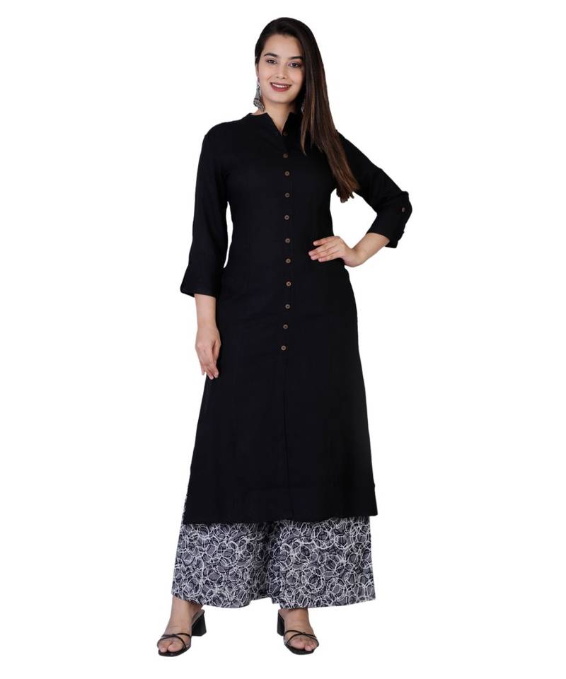 Women black Rayon Solid Kurta with Printed Cotton Plazoo Set