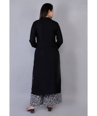 Women black Rayon Solid Kurta with Printed Cotton Plazoo Set 3