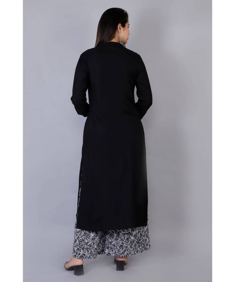 Women black Rayon Solid Kurta with Printed Cotton Plazoo Set