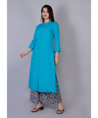 Women blue Rayon Solid Kurta with Printed Cotton Plazoo Set 1