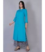 Women blue Rayon Solid Kurta with Printed Cotton Plazoo Set
