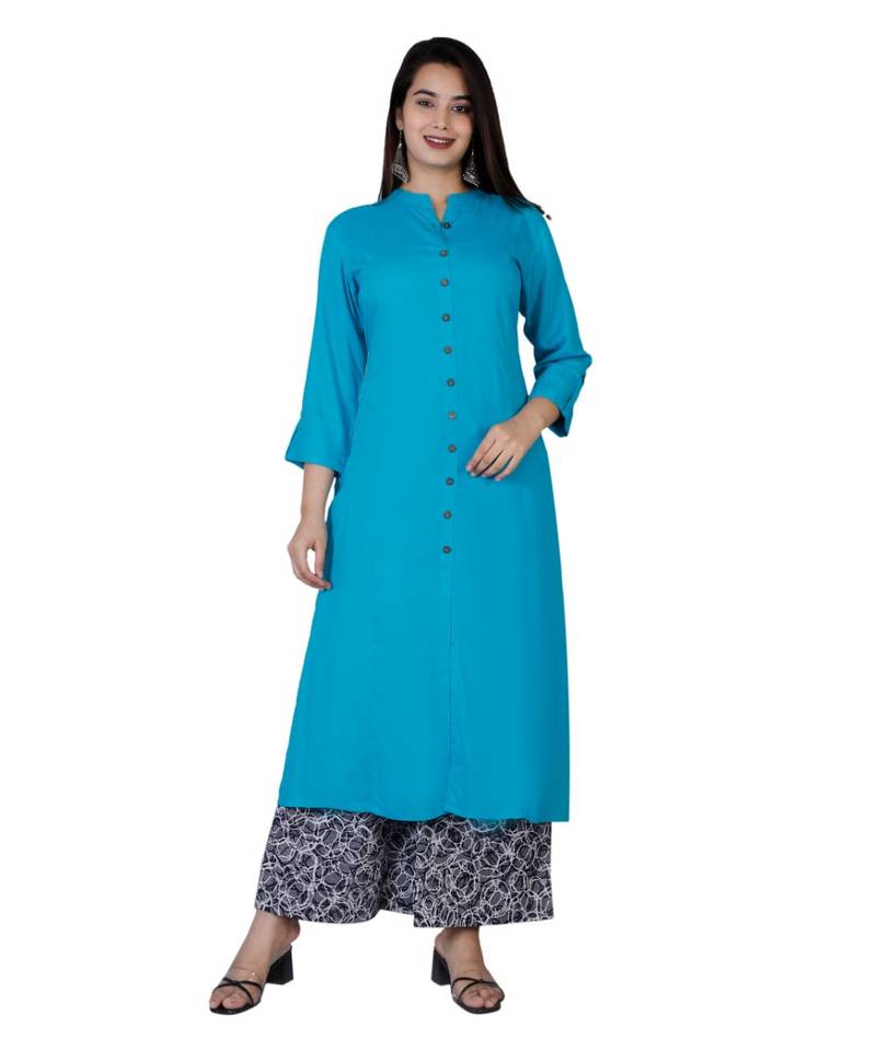Women blue Rayon Solid Kurta with Printed Cotton Plazoo Set