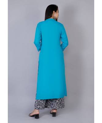 Women blue Rayon Solid Kurta with Printed Cotton Plazoo Set 3