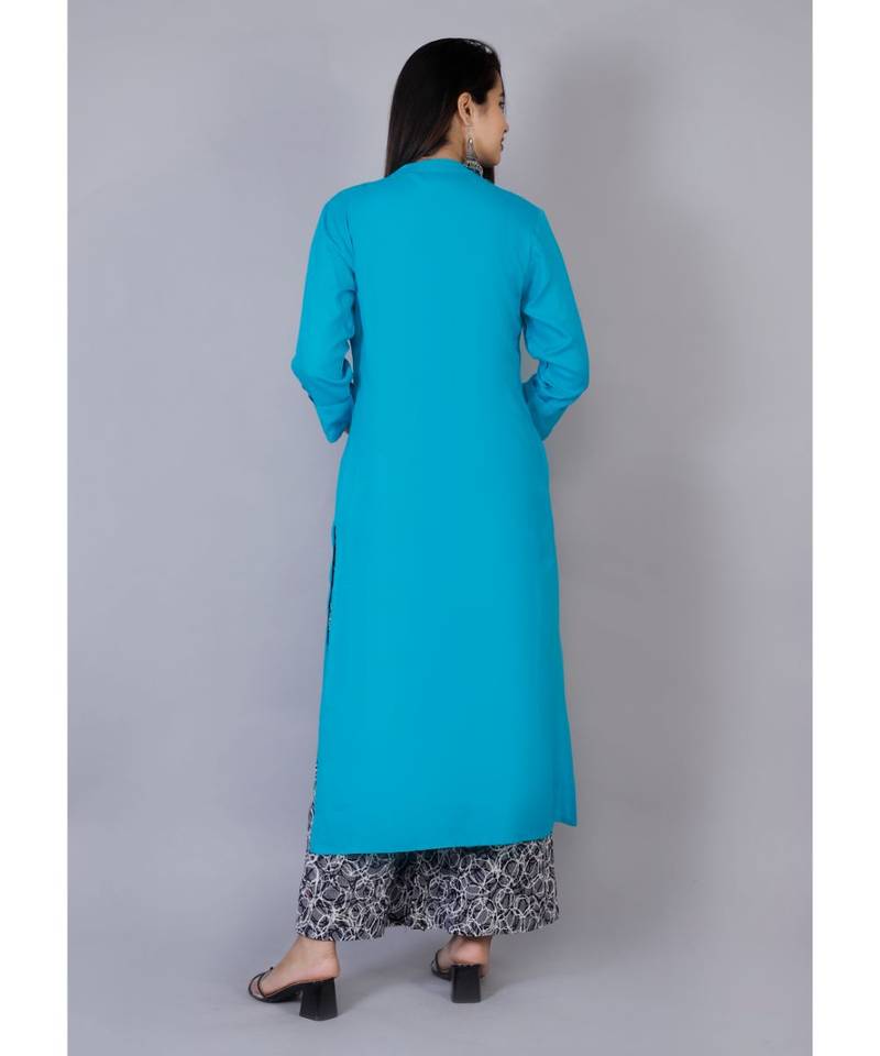 Women blue Rayon Solid Kurta with Printed Cotton Plazoo Set