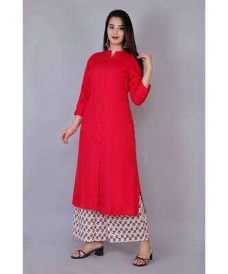 Women magenta Rayon Solid Kurta with Printed Cotton Plazoo Set 1