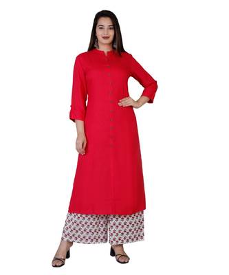 Women magenta Rayon Solid Kurta with Printed Cotton Plazoo Set 2