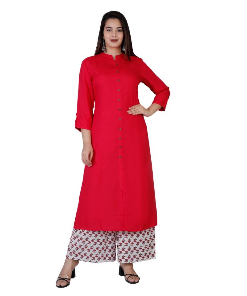 Women magenta Rayon Solid Kurta with Printed Cotton Plazoo Set