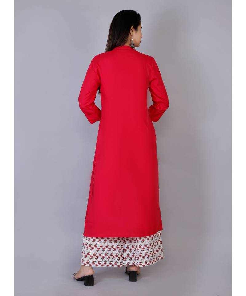 Women magenta Rayon Solid Kurta with Printed Cotton Plazoo Set