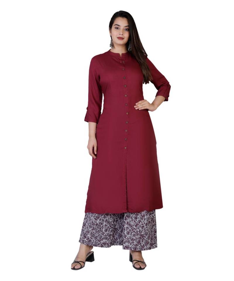 Women purple Rayon Solid Kurta with Printed Cotton Plazoo Set