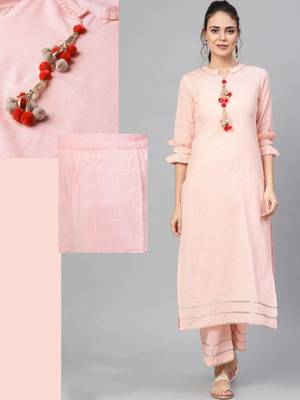 Pink Colored Solid Cotton Kurta With Plazzo  1
