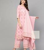 Pink Colored Embroidery Worked Kurta Set With Plazzo And Dupatta