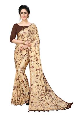 Beige Plain Lycra Designer Saree With Blouse 1