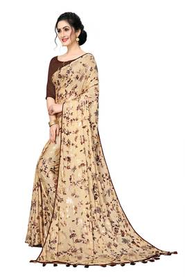 Beige Plain Lycra Designer Saree With Blouse 3