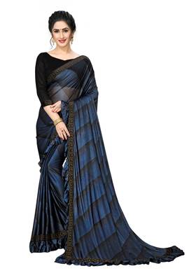 Blue Plain Lycra Designer Saree With Blouse 1