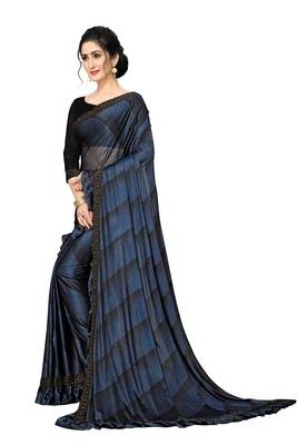 Blue Plain Lycra Designer Saree With Blouse 3
