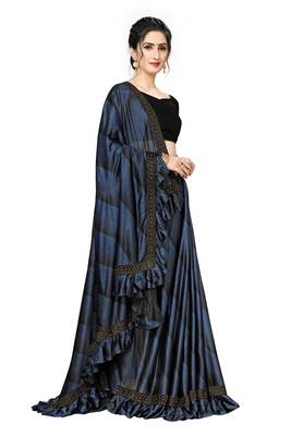 Blue Plain Lycra Designer Saree With Blouse 4