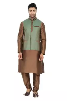 Brown Woven Polysilk Kurta  Pajama