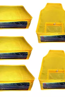 Atorakushon non wovan Fabric Combo Saree Cover Blouse Clothes Storage Bag Wardrobe Organiser Set of 5 (yellow)