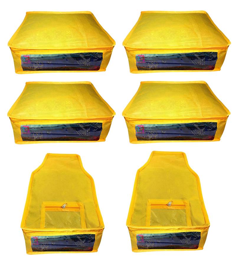 Atorakushon non wovan Fabric Combo Saree Cover Blouse Clothes Storage Bag Wardrobe Organiser Set of 6 (yellow)