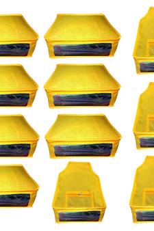 Atorakushon non wovan Fabric Combo Saree Cover Blouse Clothes Storage Bag Wardrobe Organiser Set of 11 (yellow)