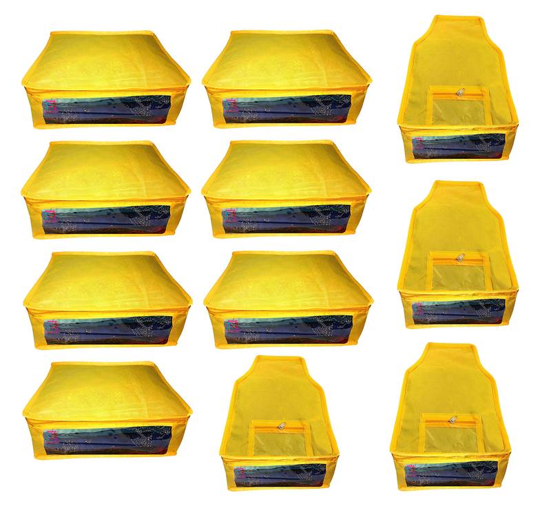 Atorakushon non wovan Fabric Combo Saree Cover Blouse Clothes Storage Bag Wardrobe Organiser Set of 11 (yellow)