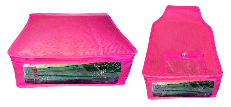 Atorakushon non wovan Fabric Combo Saree Cover Blouse Clothes Storage Bag Wardrobe Organiser Set of 2 (Pink)