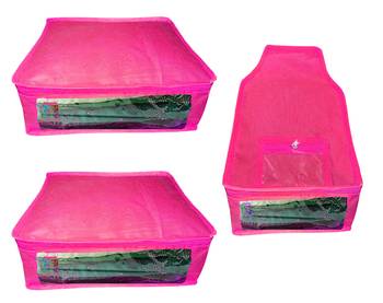 Atorakushon non wovan Fabric Combo Saree Cover Blouse Clothes Storage Bag Wardrobe Organiser Set of 3 (Pink) 1