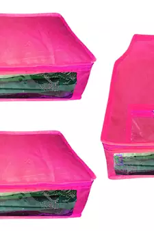 Atorakushon non wovan Fabric Combo Saree Cover Blouse Clothes Storage Bag Wardrobe Organiser Set of 3 (Pink)