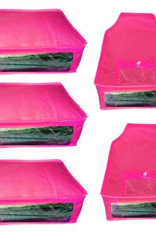 Atorakushon non wovan Fabric Combo Saree Cover Blouse Clothes Storage Bag Wardrobe Organiser Set of 5 (Pink)