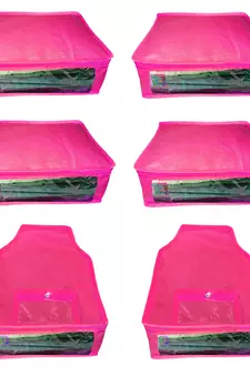 Atorakushon non wovan Fabric Combo Saree Cover Blouse Clothes Storage Bag Wardrobe Organiser Set of 6 (Pink)