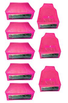 Atorakushon non wovan Fabric Combo Saree Cover Blouse Clothes Storage Bag Wardrobe Organiser Set of 8 (Pink)