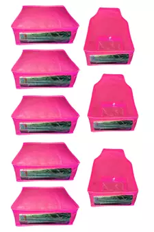 Atorakushon non wovan Fabric Combo Saree Cover Blouse Clothes Storage Bag Wardrobe Organiser Set of 8 (Pink)
