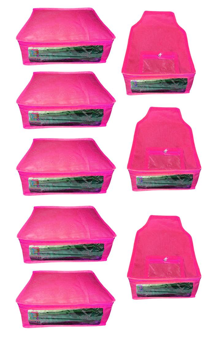 Atorakushon non wovan Fabric Combo Saree Cover Blouse Clothes Storage Bag Wardrobe Organiser Set of 8 (Pink)