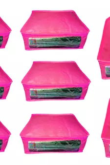 Atorakushon non wovan Fabric Combo Saree Cover Blouse Clothes Storage Bag Wardrobe Organiser Set of 8 (Pink)