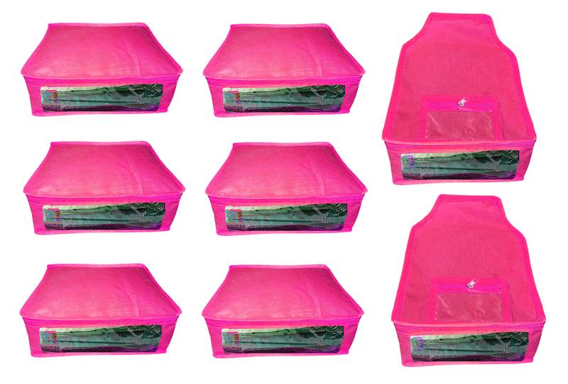 Atorakushon non wovan Fabric Combo Saree Cover Blouse Clothes Storage Bag Wardrobe Organiser Set of 8 (Pink)