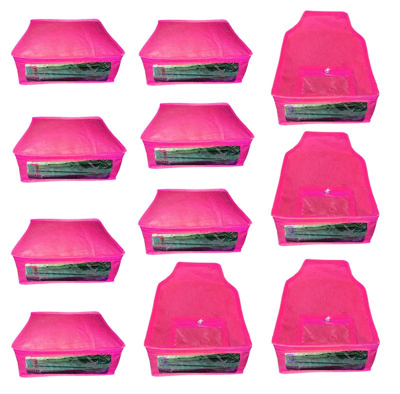 Atorakushon non wovan Fabric Combo Saree Cover Blouse Clothes Storage Bag Wardrobe Organiser Set of 11 (Pink)