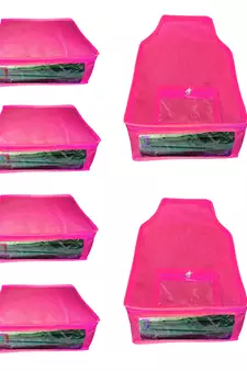 Atorakushon non wovan Fabric Combo Saree Cover Blouse Clothes Storage Bag Wardrobe Organiser Set of 12(Pink)