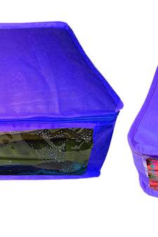Atorakushon non wovan Fabric Combo Saree Cover Blouse Clothes Storage Bag Wardrobe Organiser Set of 2 (Blue)