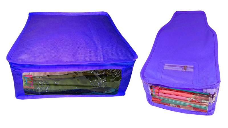 Atorakushon non wovan Fabric Combo Saree Cover Blouse Clothes Storage Bag Wardrobe Organiser Set of 2 (Blue)