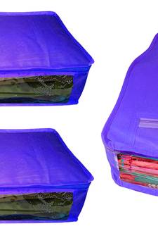 Atorakushon non wovan Fabric Combo Saree Cover Blouse Clothes Storage Bag Wardrobe Organiser Set of 3 (Blue)