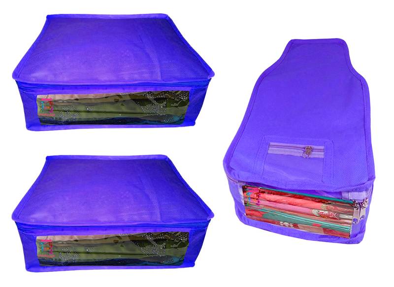 Atorakushon non wovan Fabric Combo Saree Cover Blouse Clothes Storage Bag Wardrobe Organiser Set of 3 (Blue)