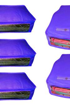 Atorakushon non wovan Fabric Combo Saree Cover Blouse Clothes Storage Bag Wardrobe Organiser Set of 5 (Blue)