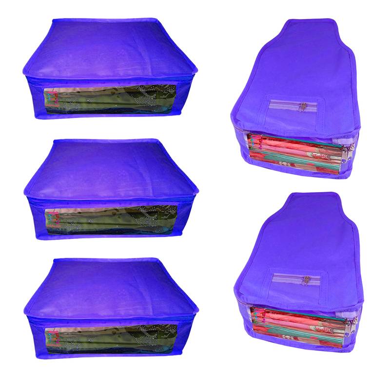 Atorakushon non wovan Fabric Combo Saree Cover Blouse Clothes Storage Bag Wardrobe Organiser Set of 5 (Blue)