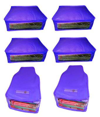 Atorakushon non wovan Fabric Combo Saree Cover Blouse Clothes Storage Bag Wardrobe Organiser Set of 6 (Blue) 1