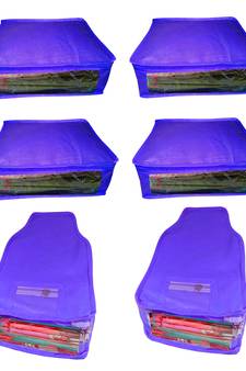 Atorakushon non wovan Fabric Combo Saree Cover Blouse Clothes Storage Bag Wardrobe Organiser Set of 6 (Blue)