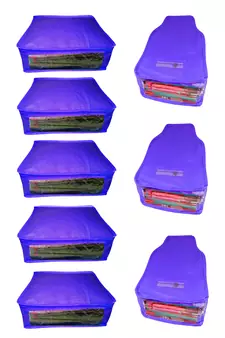 Atorakushon non wovan Fabric Combo Saree Cover Blouse Clothes Storage Bag Wardrobe Organiser Set of8(Blue)