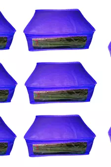 Atorakushon non wovan Fabric Combo Saree Cover Blouse Clothes Storage Bag Wardrobe Organiser Set of 8 (Blue)