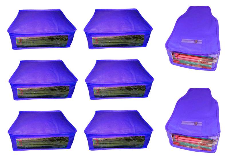Atorakushon non wovan Fabric Combo Saree Cover Blouse Clothes Storage Bag Wardrobe Organiser Set of 8 (Blue)